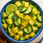 A vibrant bowl of Pineapple Cucumber Salad with fresh cilantro, lime slices, and a hint of seasoning.