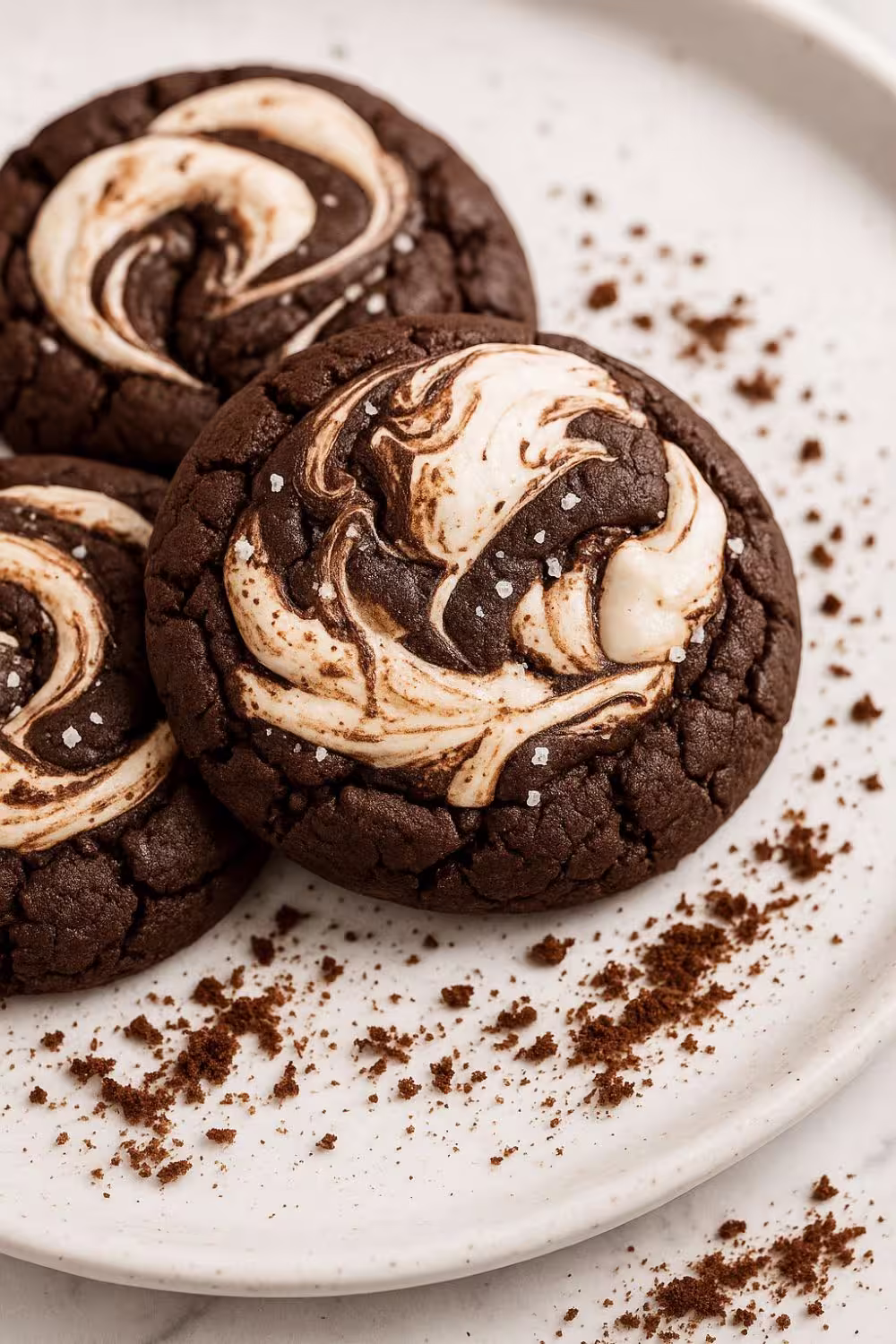 Rich chocolate cookies swirled with toasted marshmallow, topped with sea salt, and arranged on a white plate.