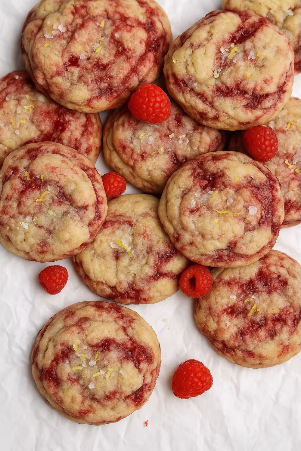 Soft lemon cookies swirled with fresh raspberries and sprinkled with flaky sea salt and lemon zest.
