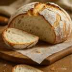 Rustic loaf of reka bread with a cracked crust and airy interior, sliced on a wooden board.