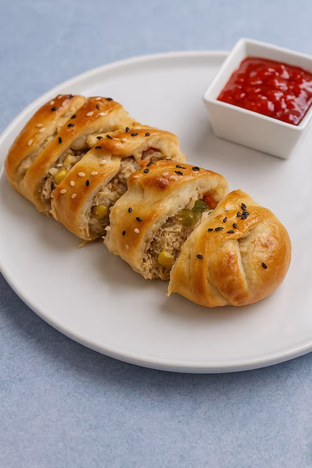 Freshly baked braided chicken bread filled with savory shredded chicken and vegetables, sliced on a white plate.