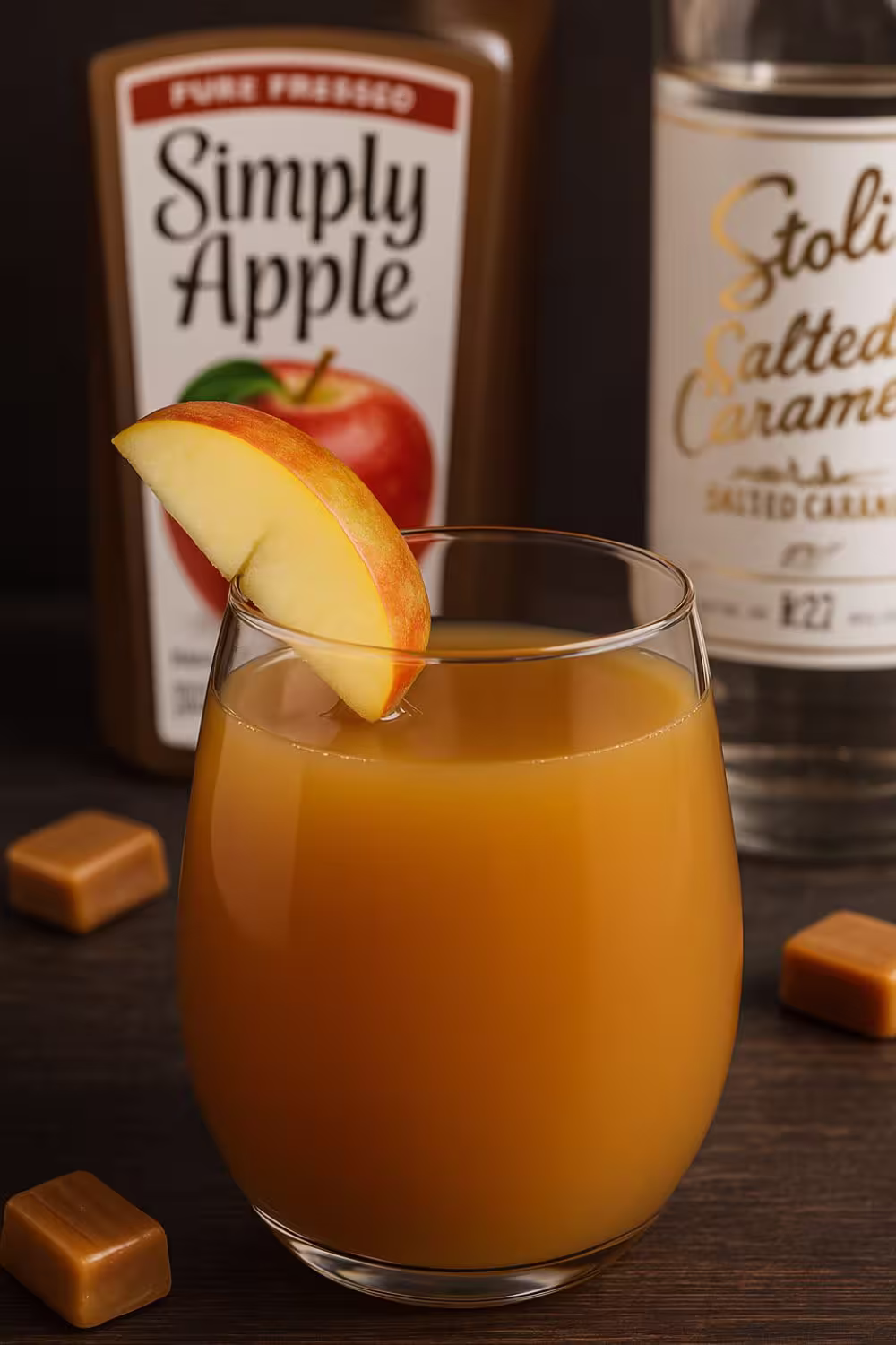 Glass of Caramel Apple Cocktail garnished with a fresh apple slice, surrounded by caramel candies and bottles of apple juice and caramel vodka.