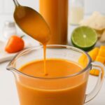 Thick mango habanero hot sauce dripping from a spoon into a measuring cup.