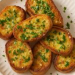 Crispy slices of Air Fryer Garlic Bread topped with melted butter and fresh herbs