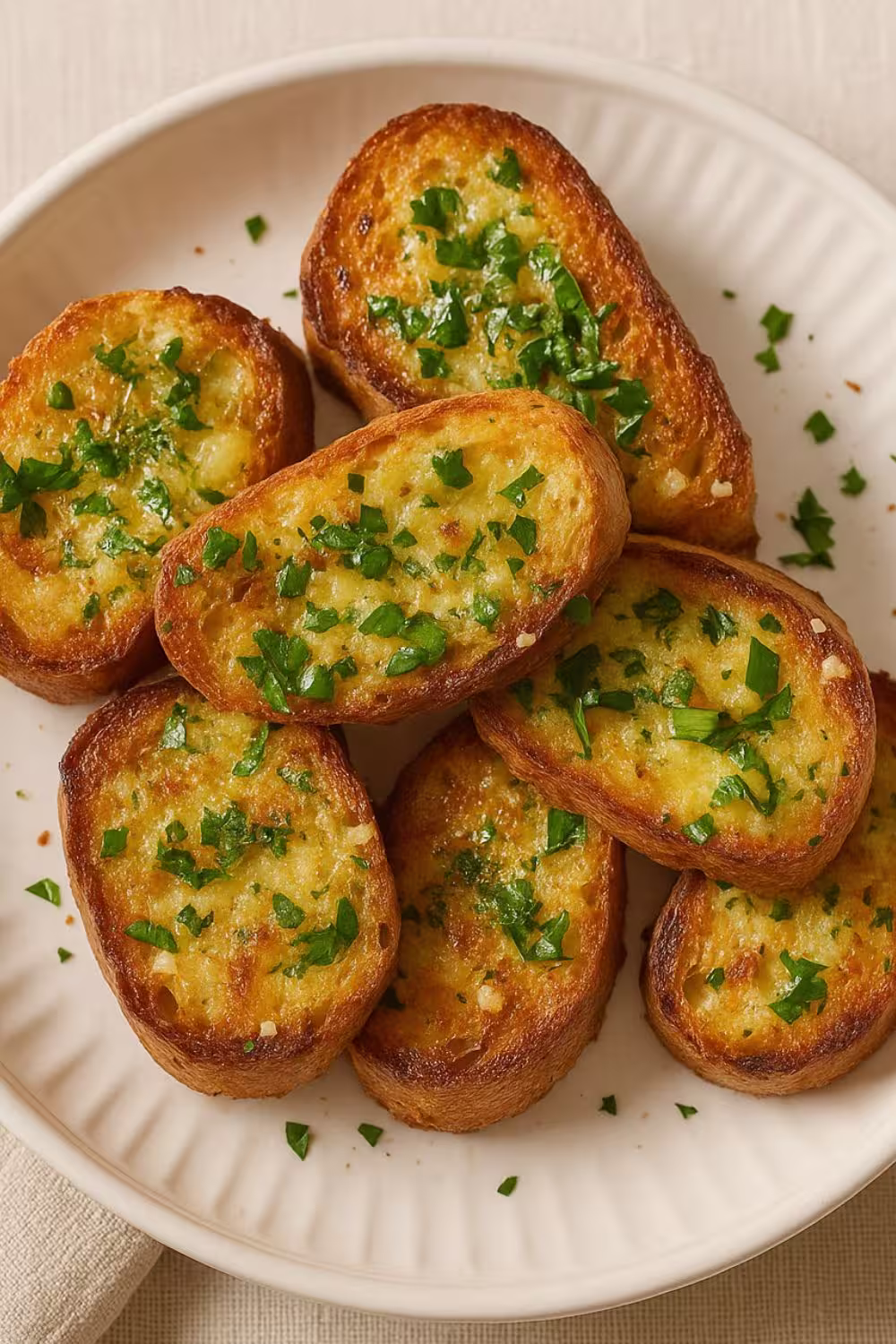 Crispy slices of Air Fryer Garlic Bread topped with melted butter and fresh herbs