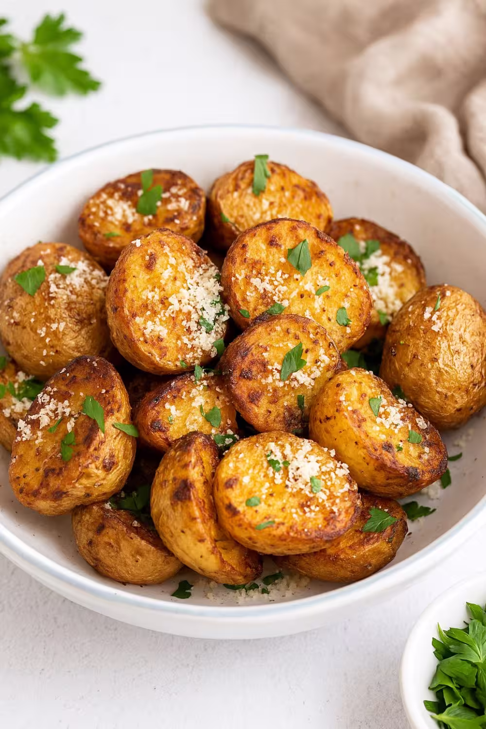 Crispy golden Air Fryer Garlic Parmesan Potatoes served in a white bowl with herbs
