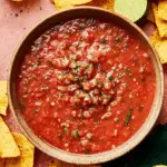 Rustic bowl of freshly made blender salsa surrounded by tortilla chips, lime halves, and a glass of drink.
