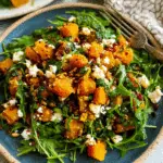 Butternut Squash Feta Salad with arugula, crumbled feta, and seeds served on a blue ceramic plate.