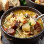 Cajun potato soup served in a dark bowl, filled with chunks of potatoes, sausage slices, and vegetables in a seasoned broth.