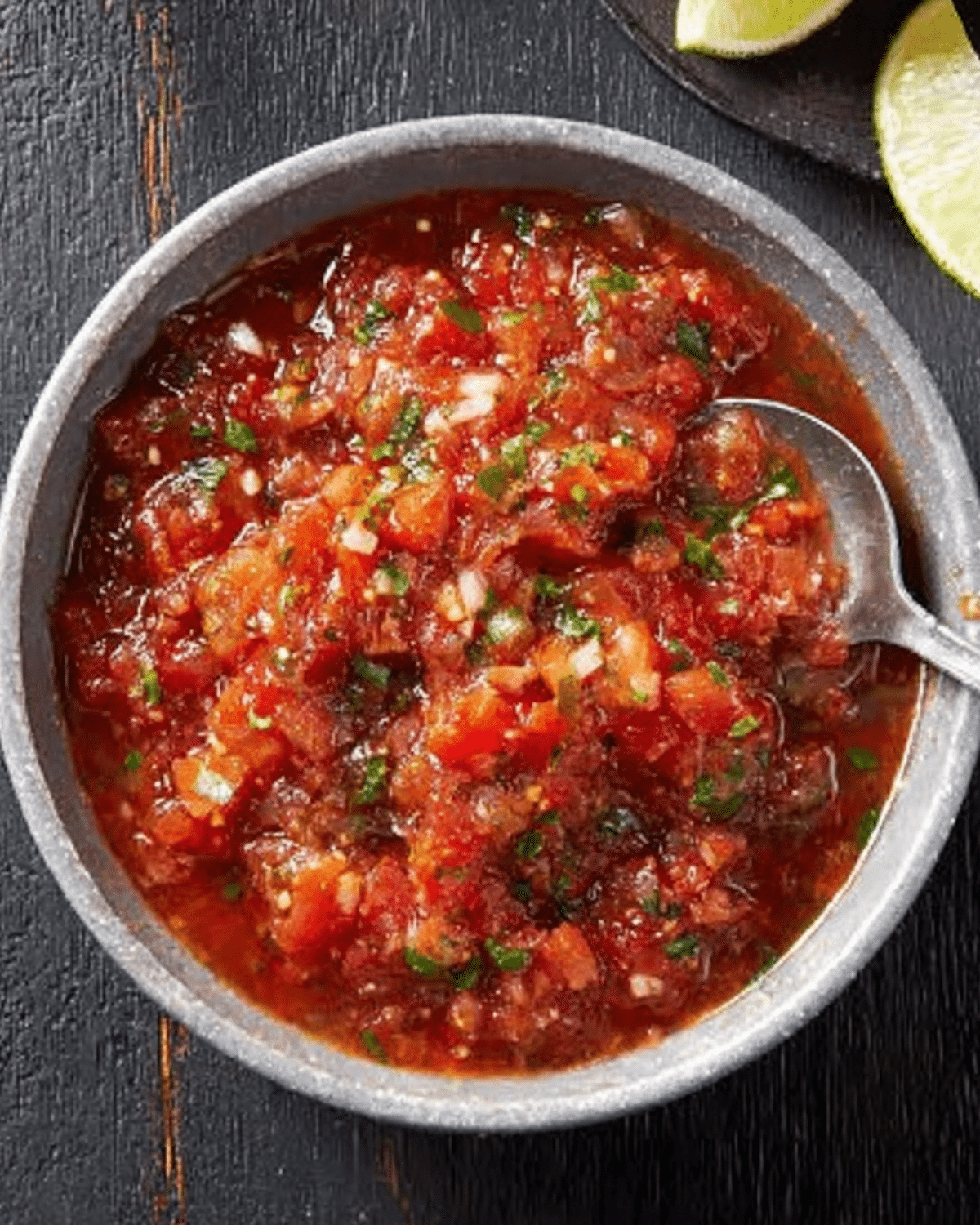 Bowl of Chili’s Copycat Salsa with spoon on dark wooden surface.