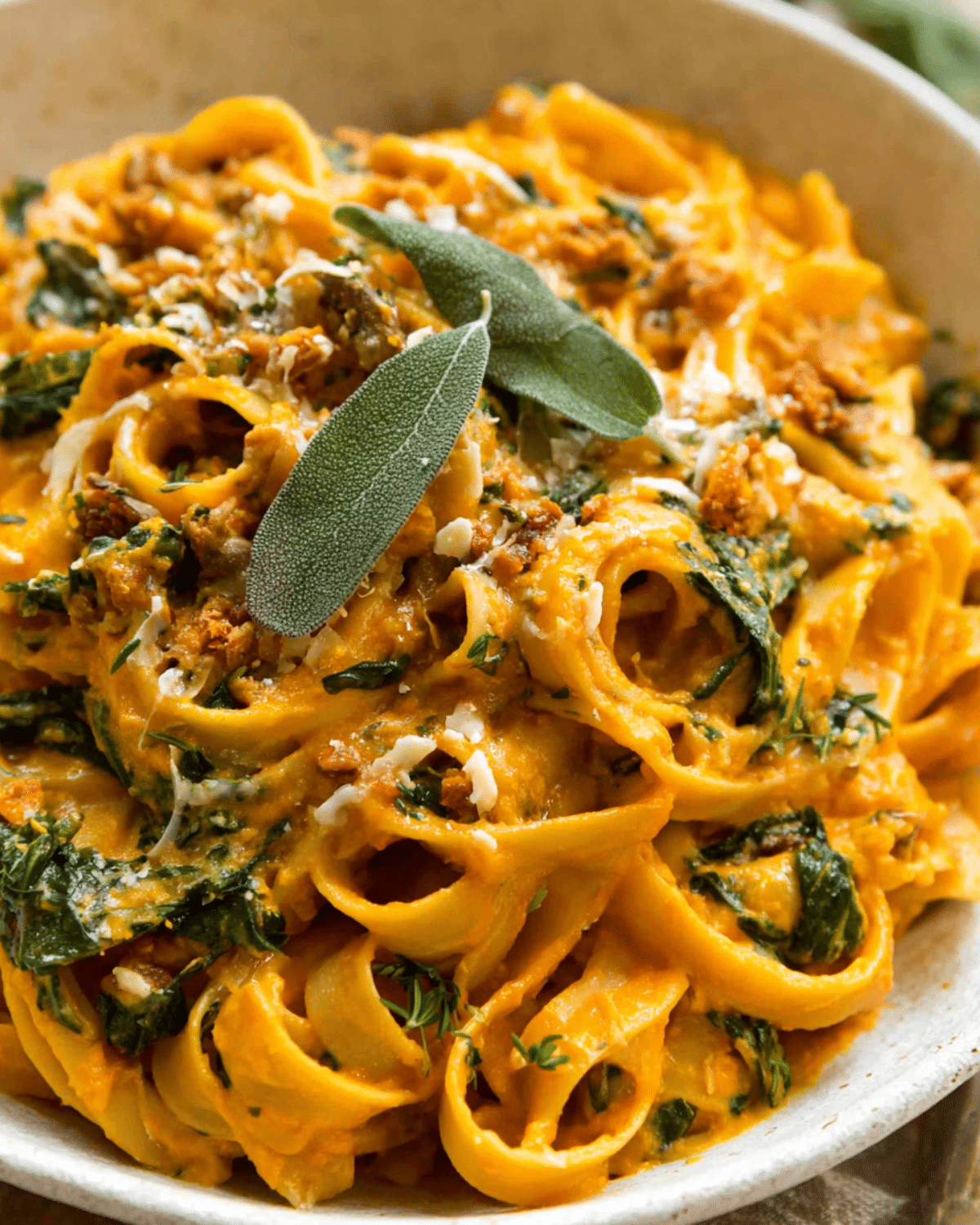 Bowl of creamy pumpkin pasta garnished with fresh sage, herbs, and spinach in a rich orange sauce.