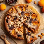 Easy apricot buckle topped with sliced almonds and dusted with powdered sugar, with a slice cut out and surrounded by fresh apricots and berries.