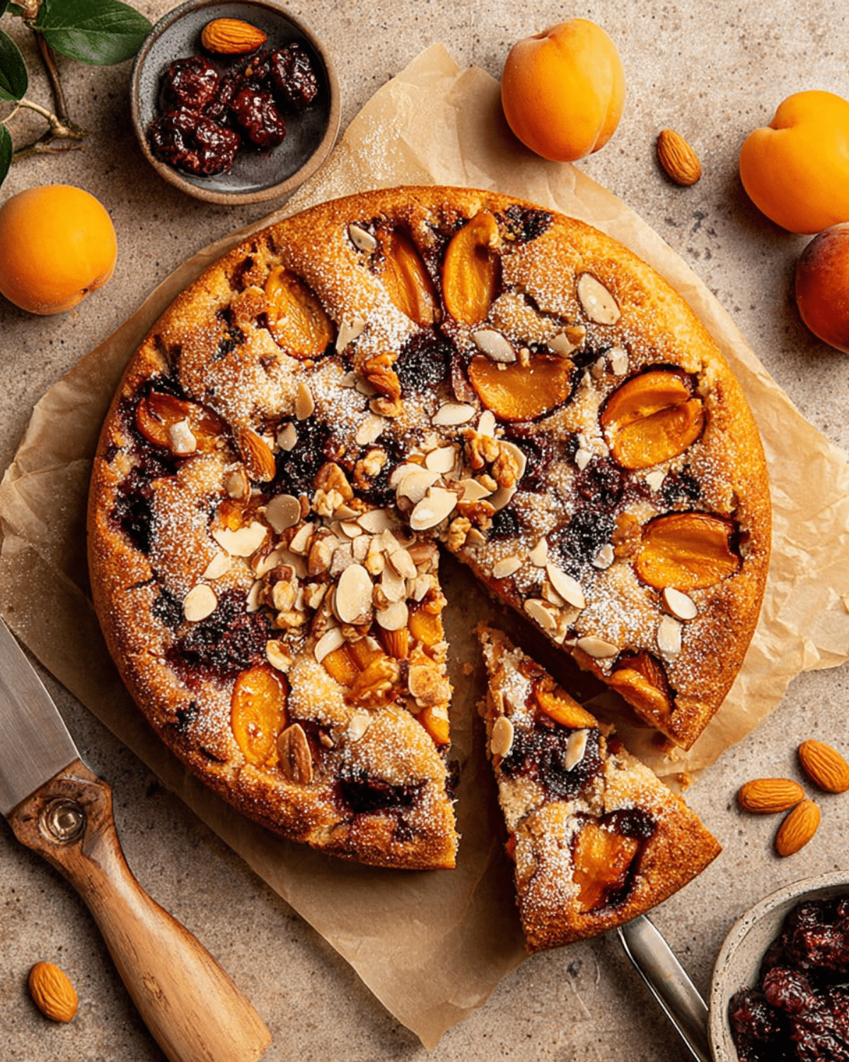 Easy apricot buckle topped with sliced almonds and dusted with powdered sugar, with a slice cut out and surrounded by fresh apricots and berries.