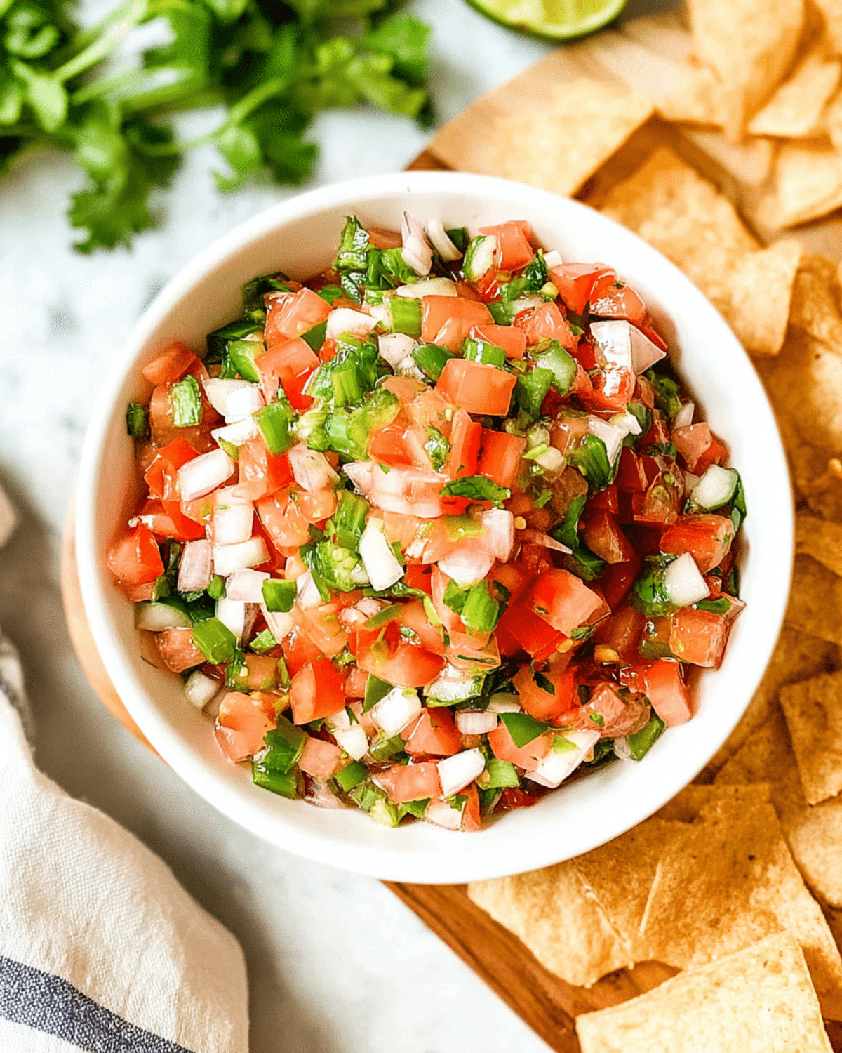 Bowl of colorful garden salsa recipe made with fresh chopped tomatoes, onions, peppers, and cilantro.