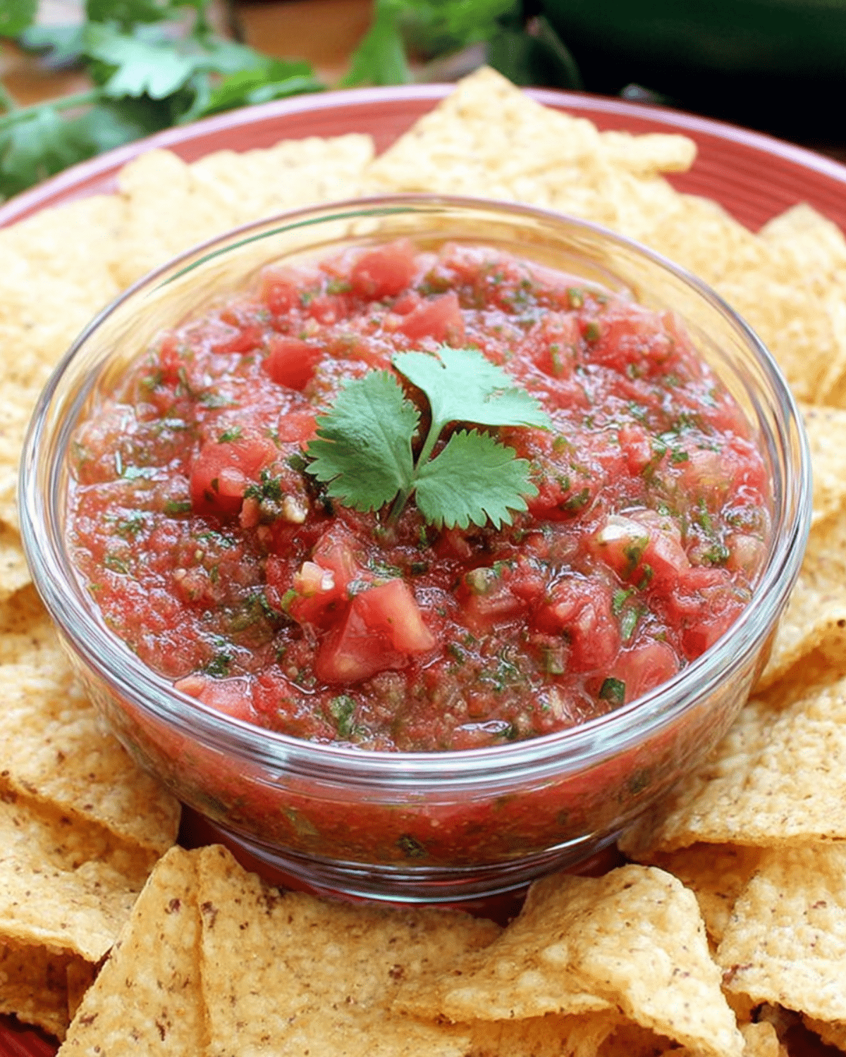 Glass bowl of homemade salsa recipe with fresh tomatoes, garnished with cilantro and surrounded by tortilla chips.