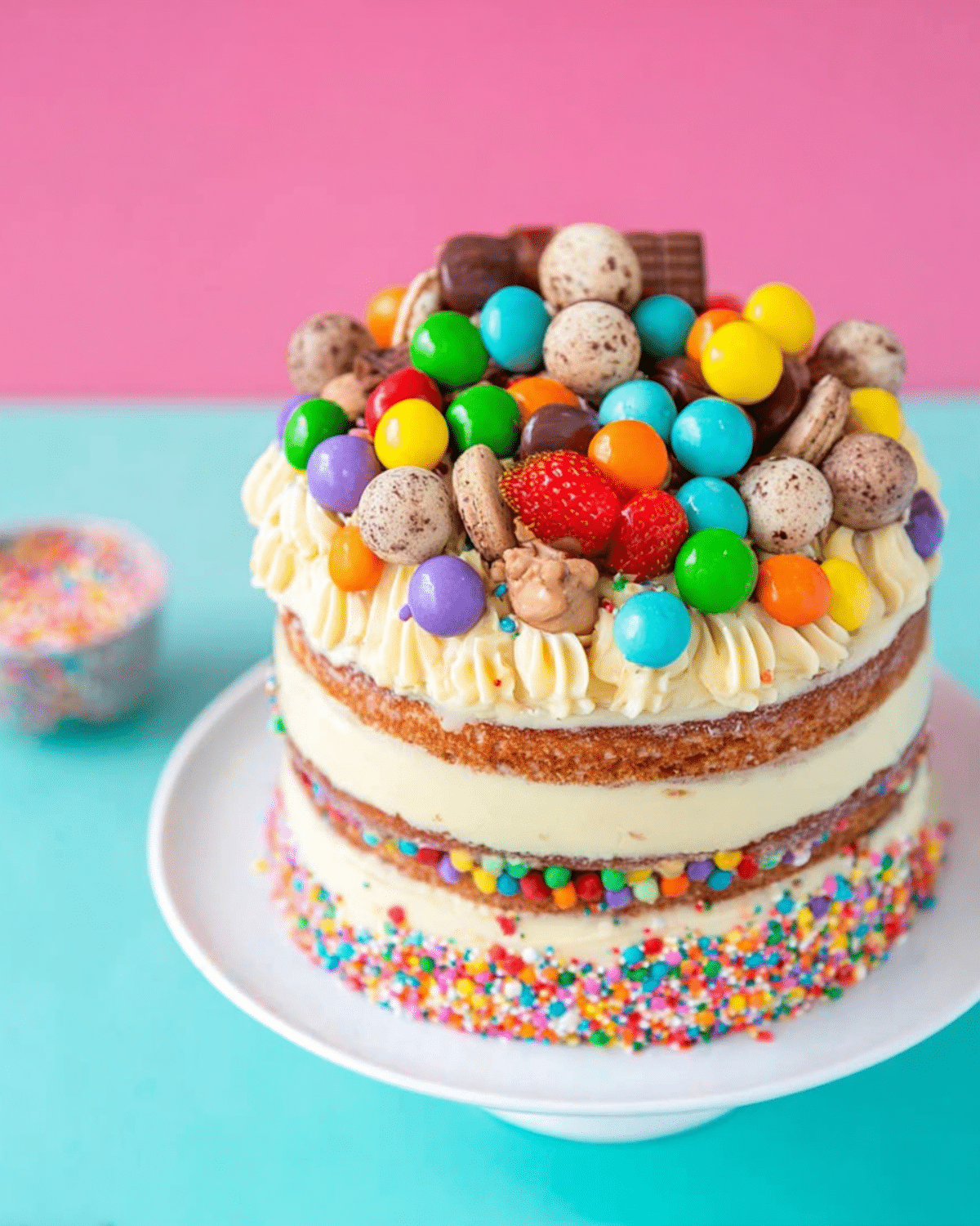 Colorful Neapolitan Cake topped with candy, macarons, and chocolate, with sprinkles around the base on a pastel background.