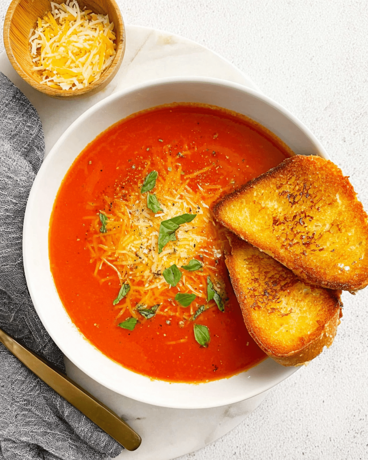 Old-fashioned cream of tomato soup served in a white bowl, topped with shredded cheese and fresh basil, accompanied by two slices of golden grilled bread.