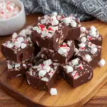 Squares of peppermint flavored marshmallow fudge topped with crushed candy canes and mini marshmallows on a wooden board.