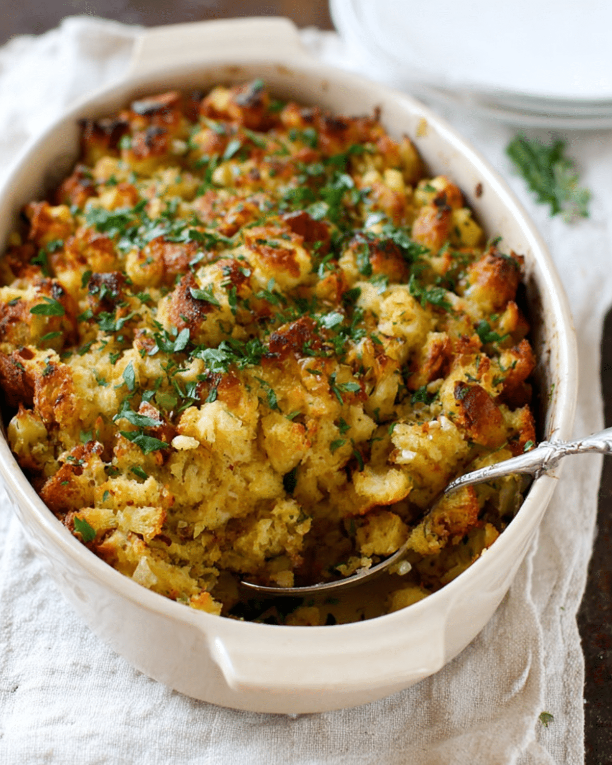 Perfect Homemade Stuffing in a white baking dish, golden and crispy on top, garnished with chopped fresh herbs.