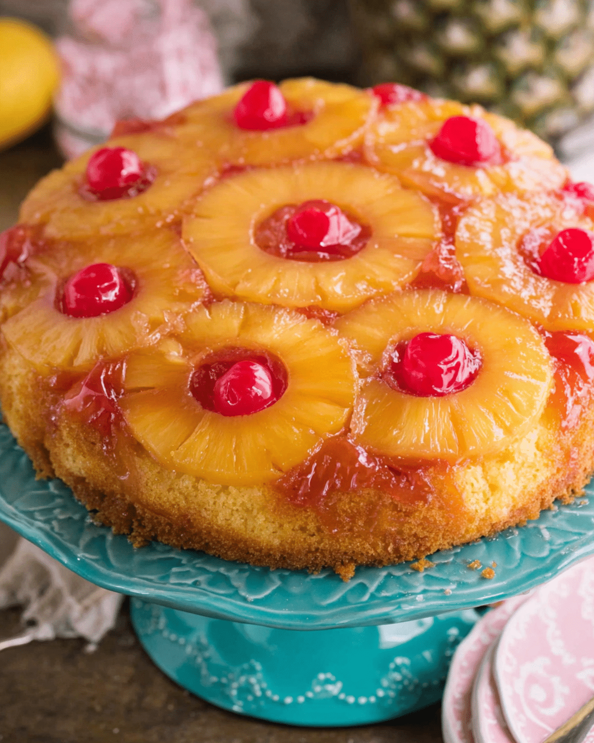 A golden pineapple upside down cake topped with caramelized pineapple rings and bright red maraschino cherries, served on a decorative teal cake stand.