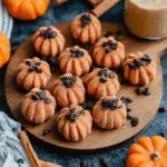 Pumpkin cheesecake truffles shaped like mini pumpkins, coated in cinnamon sugar and topped with chocolate chips.