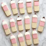Wafer pencil cookies decorated with pink, white, and brown icing, arranged neatly on a marble surface.