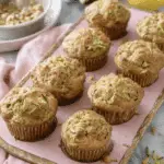 Freshly baked zucchini muffins with shredded zucchini on top, arranged on a pink baking tray with zucchini and lemon in the background.