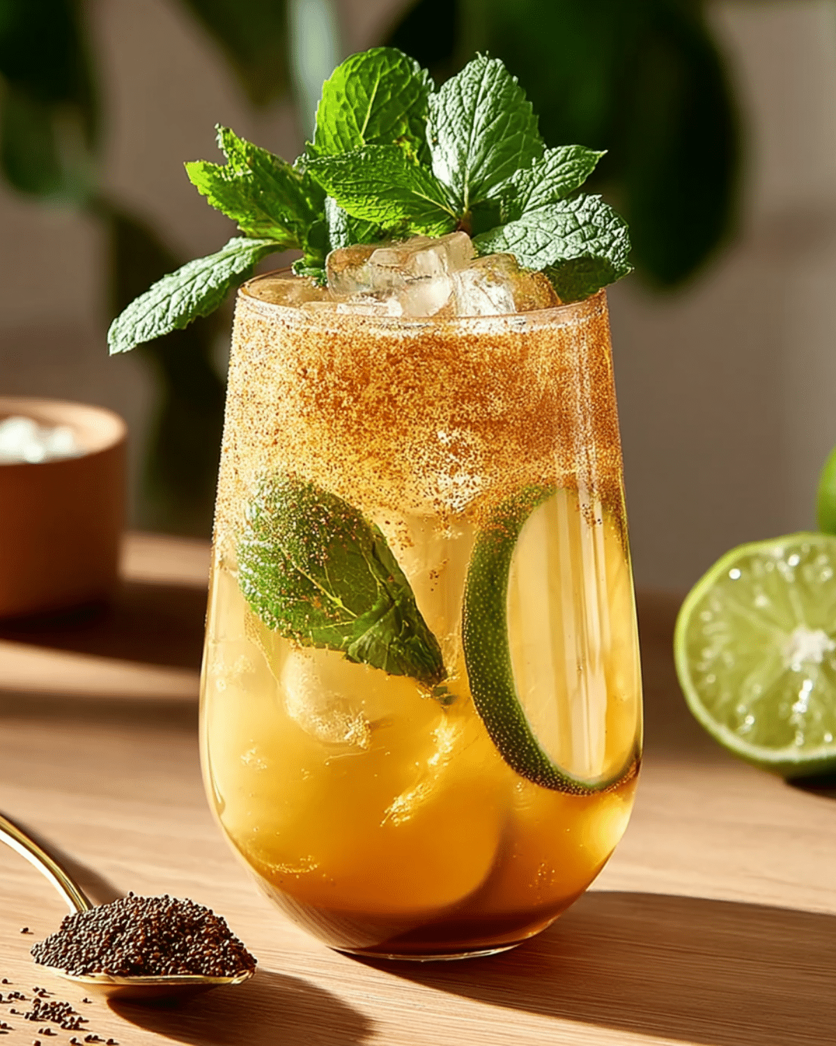 A refreshing glass of Brazilian Mounjaro drink with ice, lime slices, mint leaves, and a dusting of spice, served on a wooden surface.