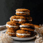 A stack of pumpkin oatmeal cream pies with a creamy white filling on a white plate, surrounded by dried white flowers.