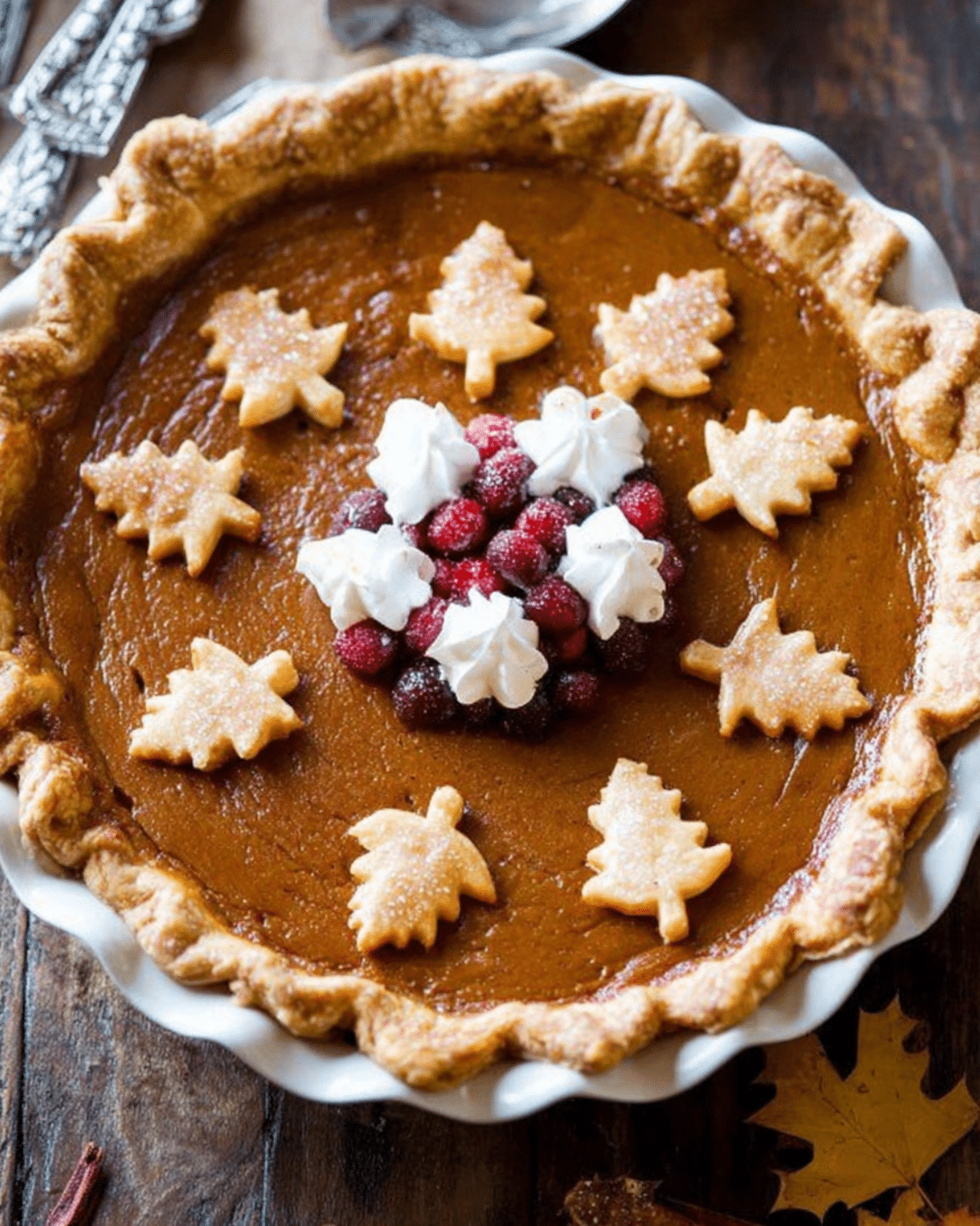Classic pumpkin pie topped with leaf-shaped pastry cutouts, whipped cream, and sugared cranberries in a white pie dish.
