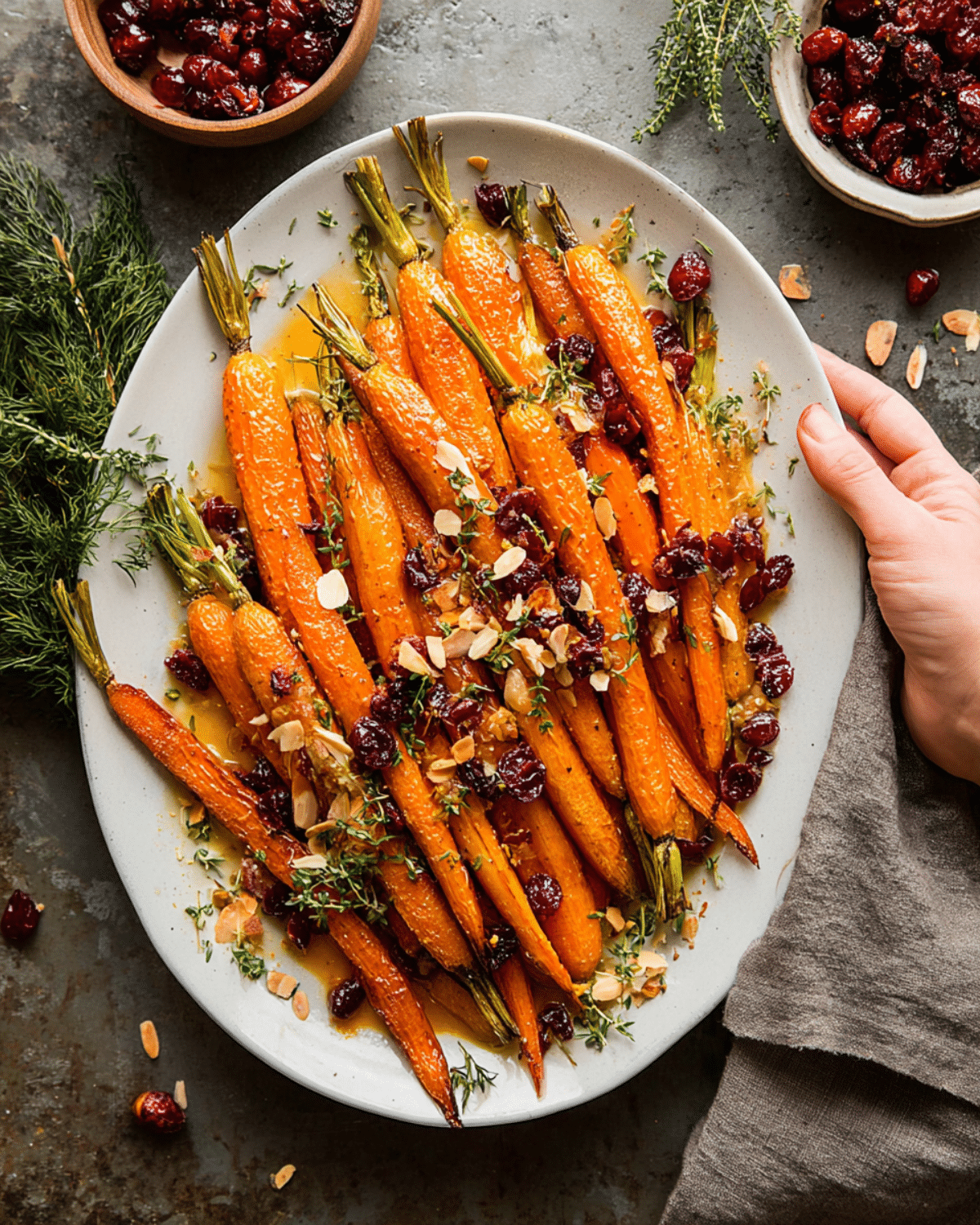 Maple roasted carrots with cranberries garnished with fresh herbs and almond slices on a white serving platter.
