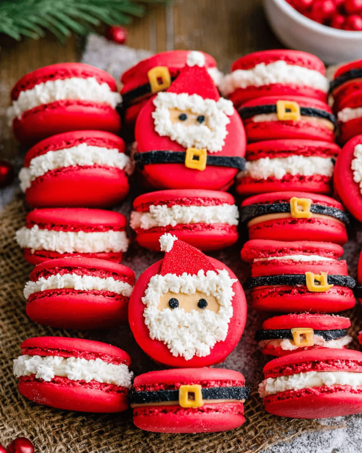 Santa Claus Macarons decorated in red with white filling, some featuring Santa’s face and others designed as his belt.