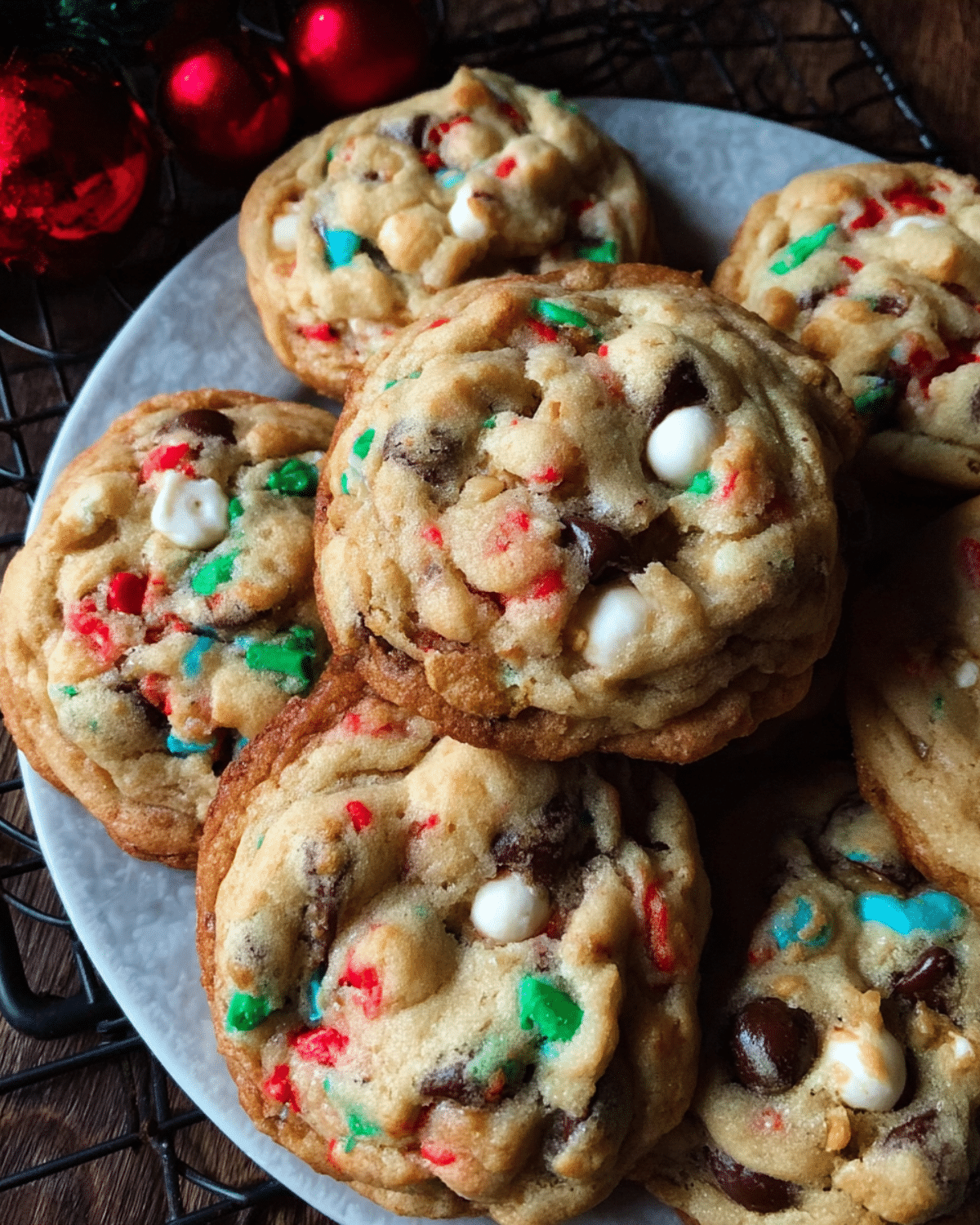 Plate of Wonderland chocolate chip Christmas cookies with red, green, and white candy pieces alongside chocolate chips.